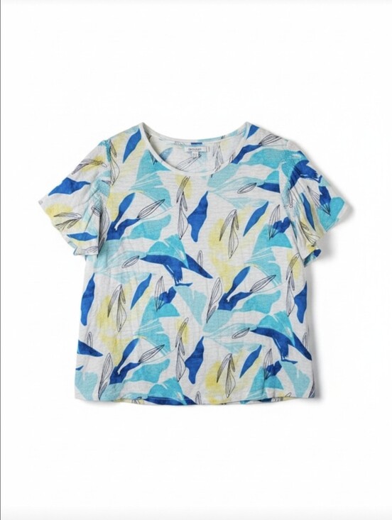 Chico's Tops - Chico's 100% Linen Leaf Print Flutter Sleeve Top Blue Yellow White Size 3 XL